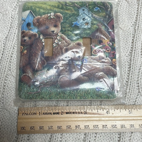 NWOT Teddy Bear Double Light metal Switch Cover garden scene bird nests flowers - Picture 4 of 5